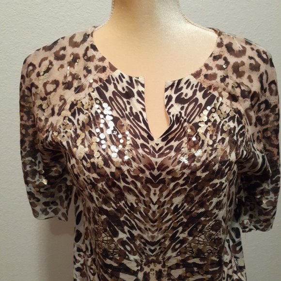 Chico's Boho Splotchy Metallic Design Animal Print Shirt - Size 0 (Small 4) - Picture 1 of 11